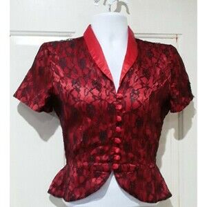 Vintage Blouse,Jolie Madame Top, Fitted Red Satin/ Black Lace, Goth, Steampunk
